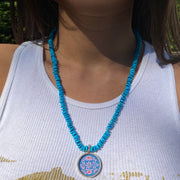 Turquoise Block Print Necklace by Jen Stock on model