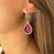 Redish-pink painted and blue enameled Block Print Earrings by Jen Stock