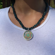 Green Labradorite Block Print Necklace by Jen Stock on model