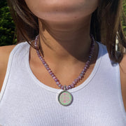 Pink faceted Moonstone Block Print Necklace by Jen Stock on model