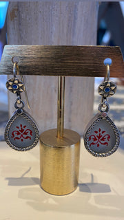 Light grey and red hand painted and blue enameled Block Print Earrings by Jen Stock