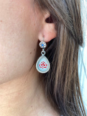 Light grey and red hand painted and blue enameled Block Print Earrings by Jen Stock
